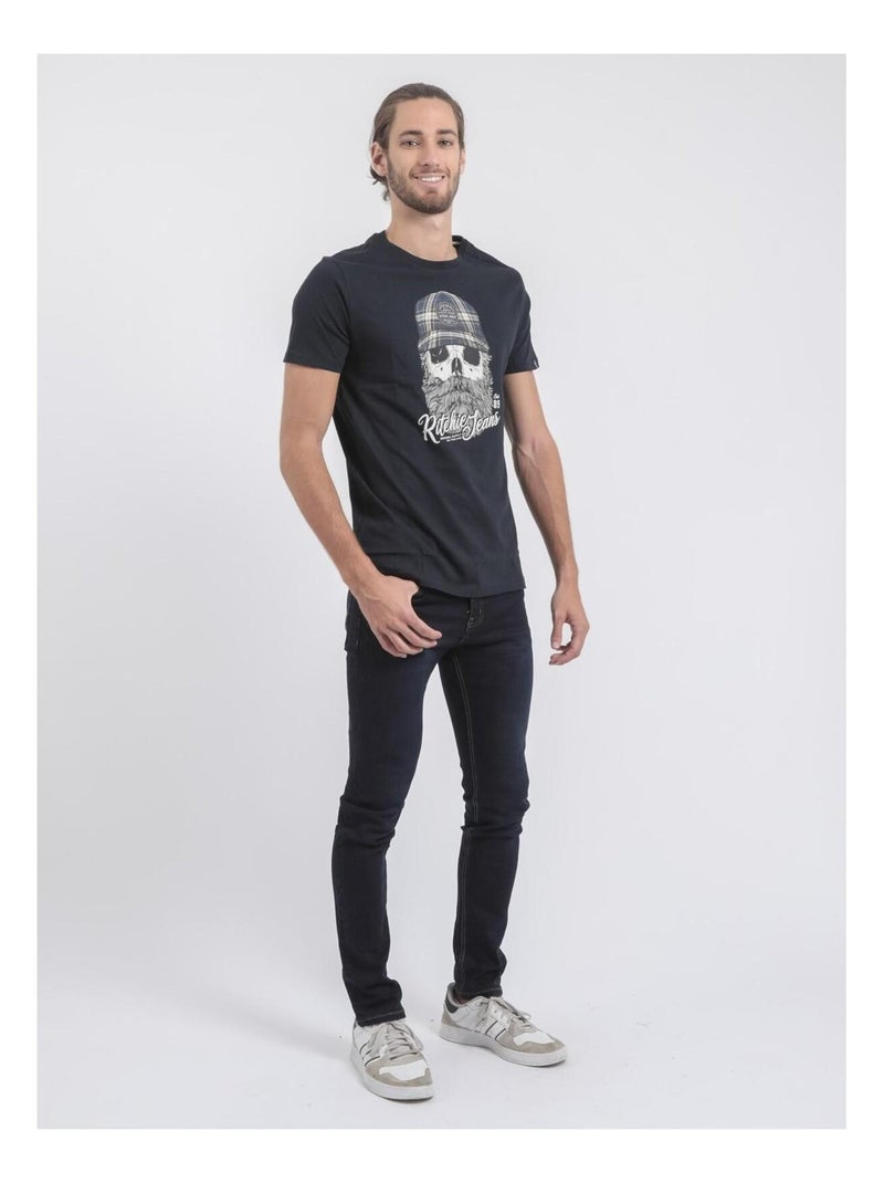 T-shirt manches courtes col rond pur coton JUMAX Bleu marine - Kiabi