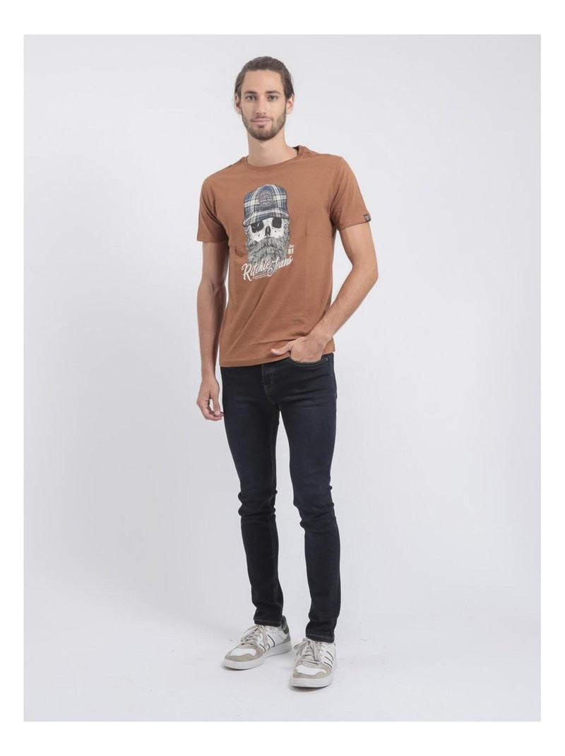 T-shirt manches courtes col rond pur coton JUMAX Marron caramel - Kiabi