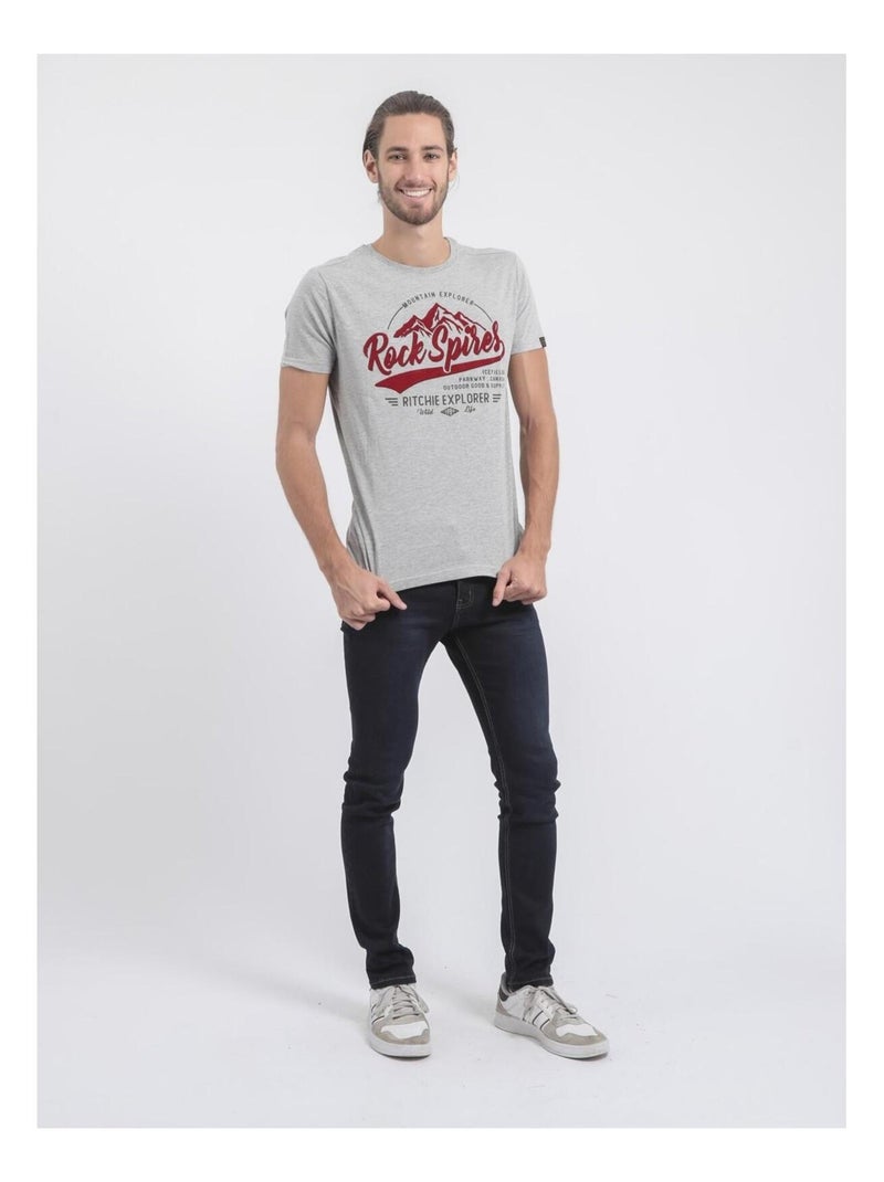 T-shirt manches courtes col rond pur coton JUPITOLI Gris - Kiabi