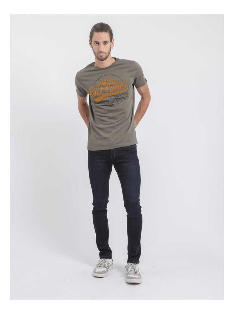 T-shirt manches courtes col rond pur coton JUPITOLI Kaki - Kiabi