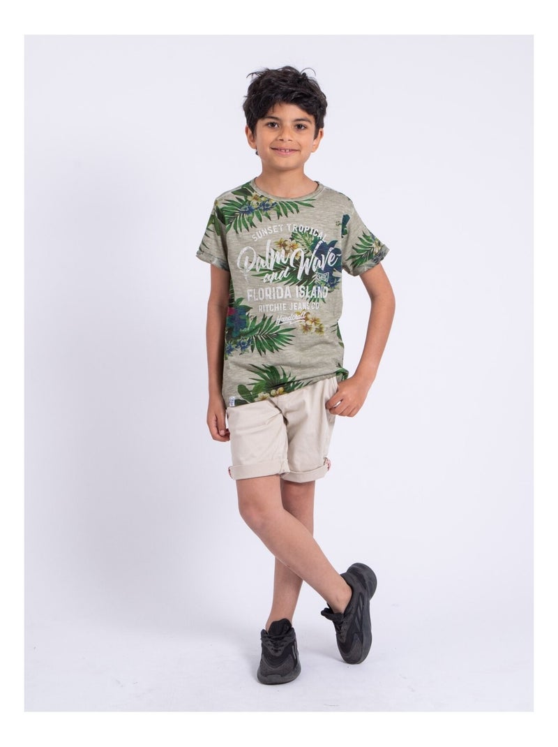 T-shirt manches courtes col rond pur coton NABANE garçon Beige - Kiabi