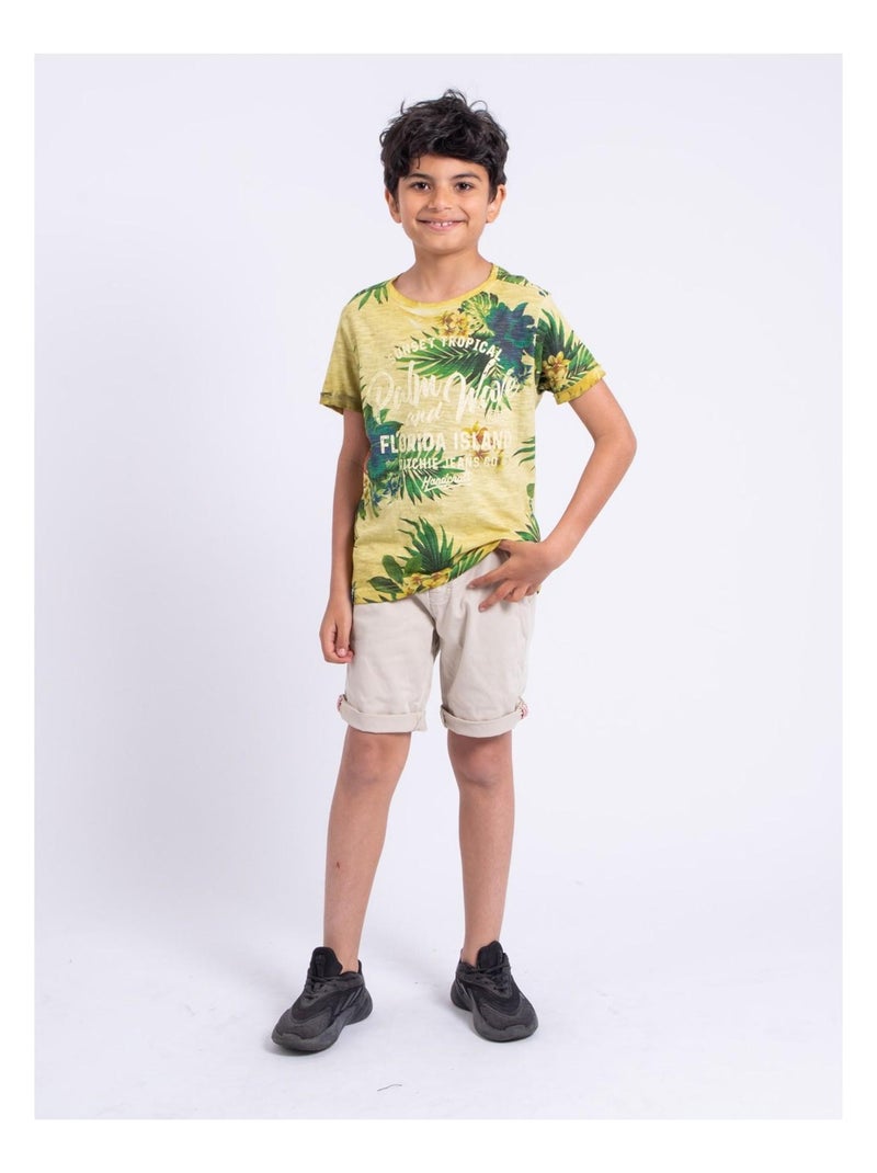 T-shirt manches courtes col rond pur coton NABANE garçon Jaune - Kiabi