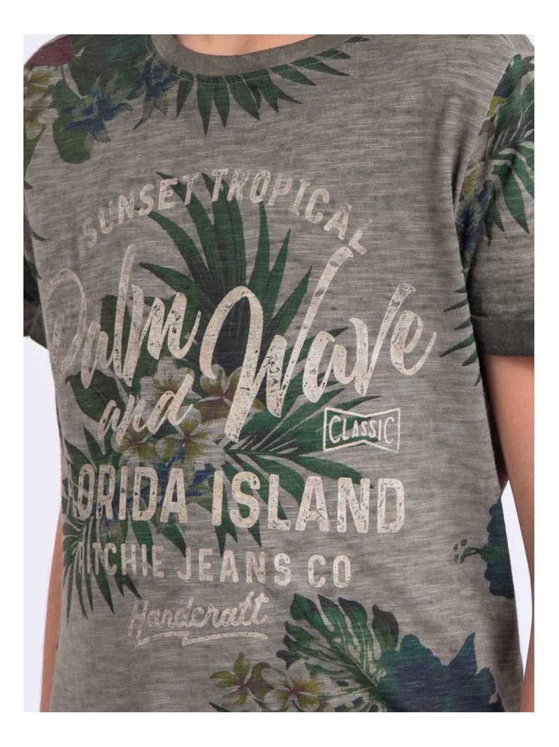 T-shirt manches courtes col rond pur coton NABANE garçon Kaki - Kiabi