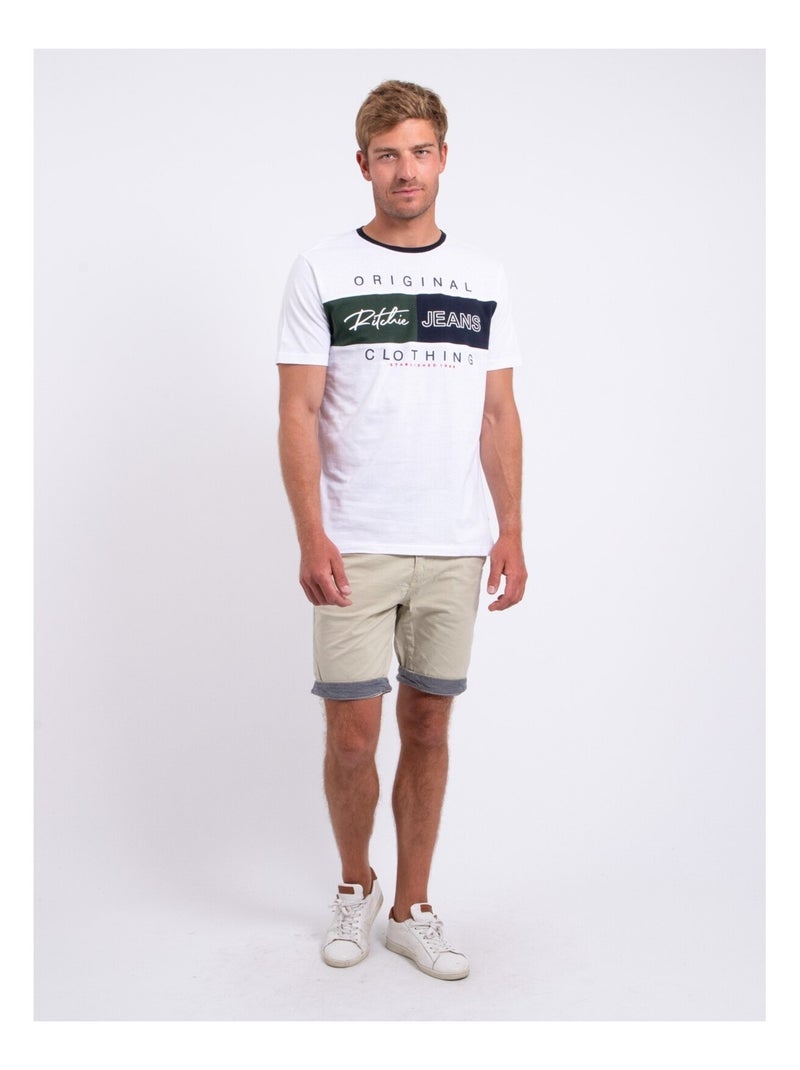 T-shirt manches courtes col rond pur coton NABARIST Blanc - Kiabi