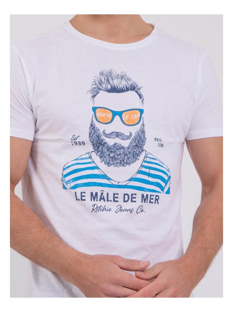 T-shirt manches courtes col rond pur coton NABARZU Blanc - Kiabi
