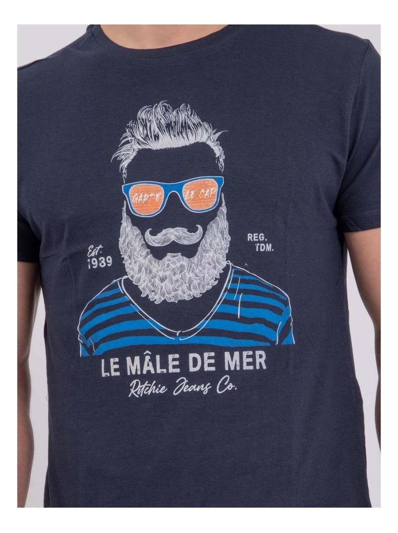T-shirt manches courtes col rond pur coton NABARZU Bleu marine - Kiabi