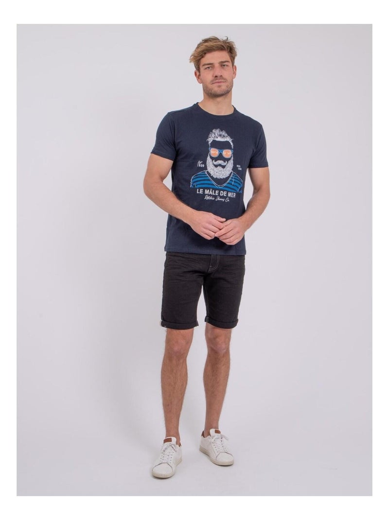 T-shirt manches courtes col rond pur coton NABARZU Bleu marine - Kiabi