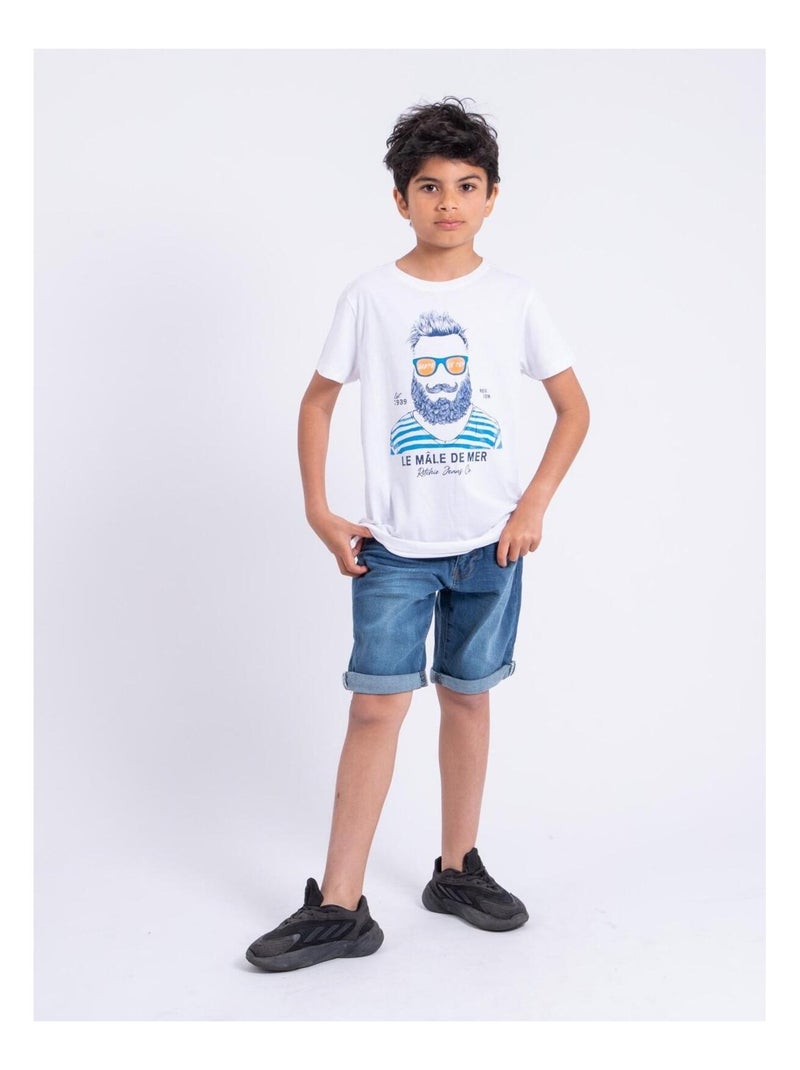T-shirt manches courtes col rond pur coton NABARZU garçon Blanc - Kiabi