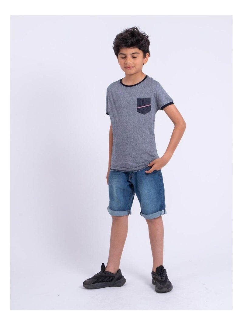 T-shirt manches courtes col rond pur coton NABASTIL garçon Bleu marine - Kiabi