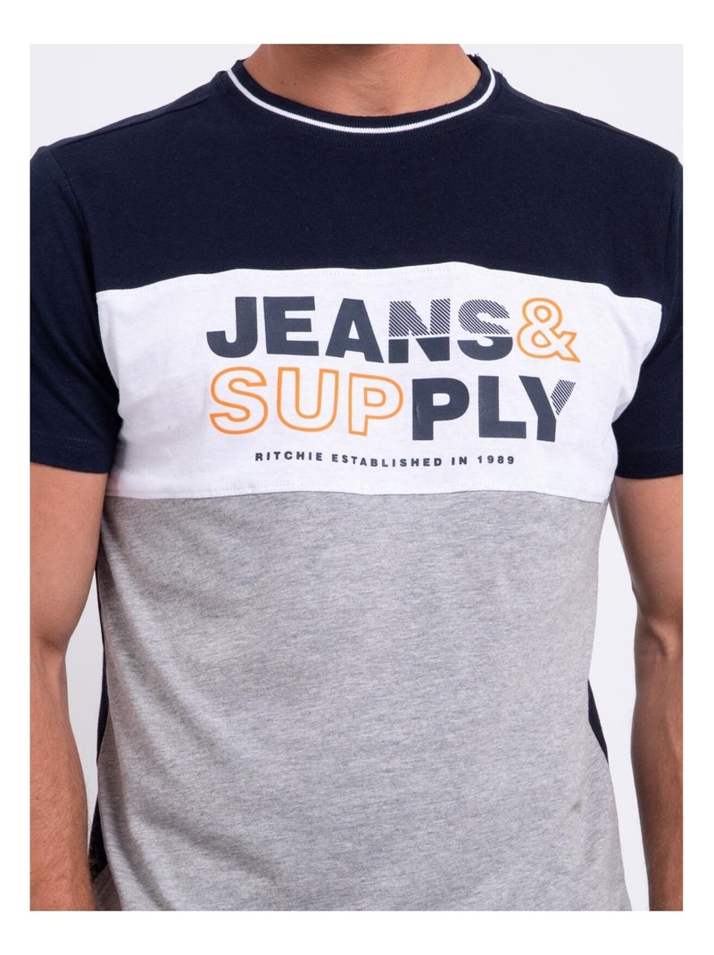 T-shirt manches courtes col rond pur coton NABELO Bleu marine - Kiabi