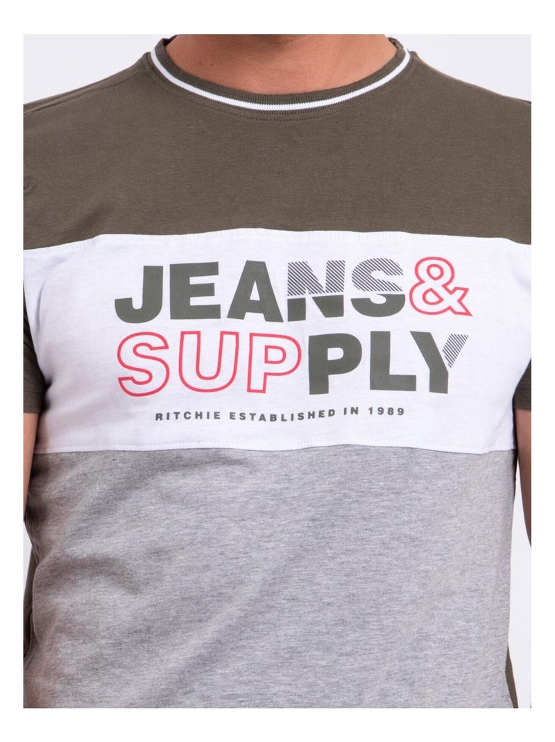 T-shirt manches courtes col rond pur coton NABELO Kaki - Kiabi