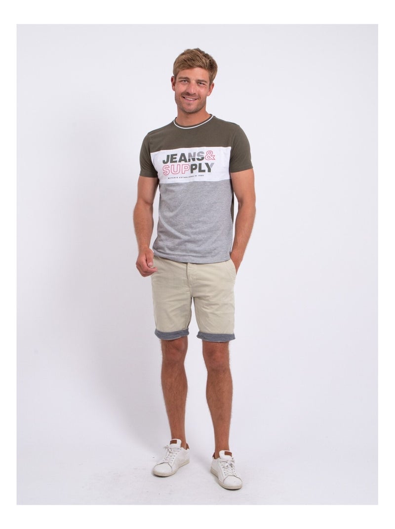 T-shirt manches courtes col rond pur coton NABELO Kaki - Kiabi