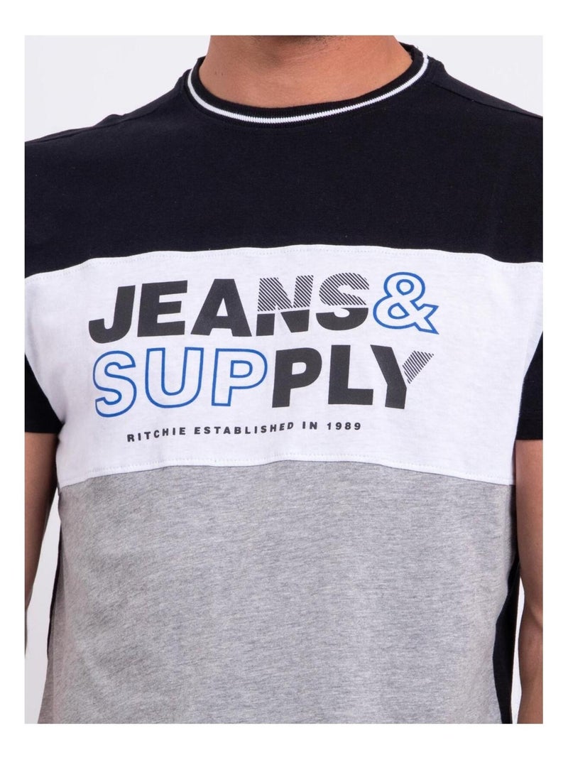 T-shirt manches courtes col rond pur coton NABELO Noir - Kiabi