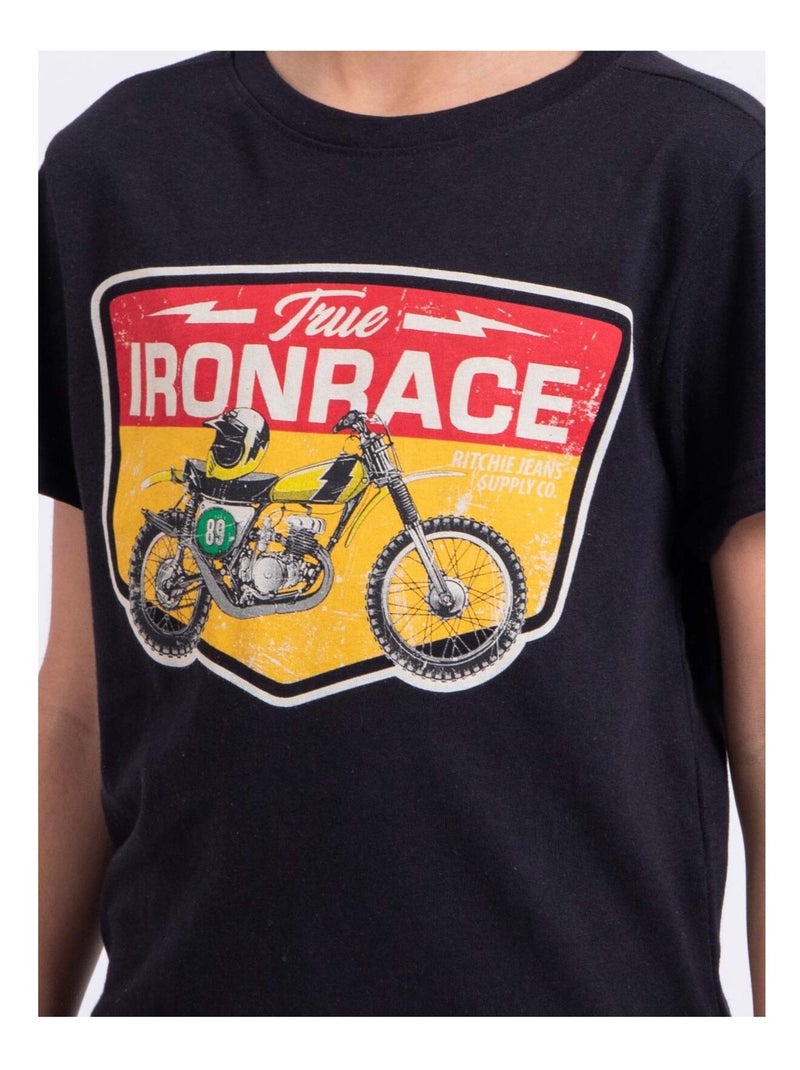 T-shirt manches courtes col rond pur coton NABOJAN garçon Noir - Kiabi