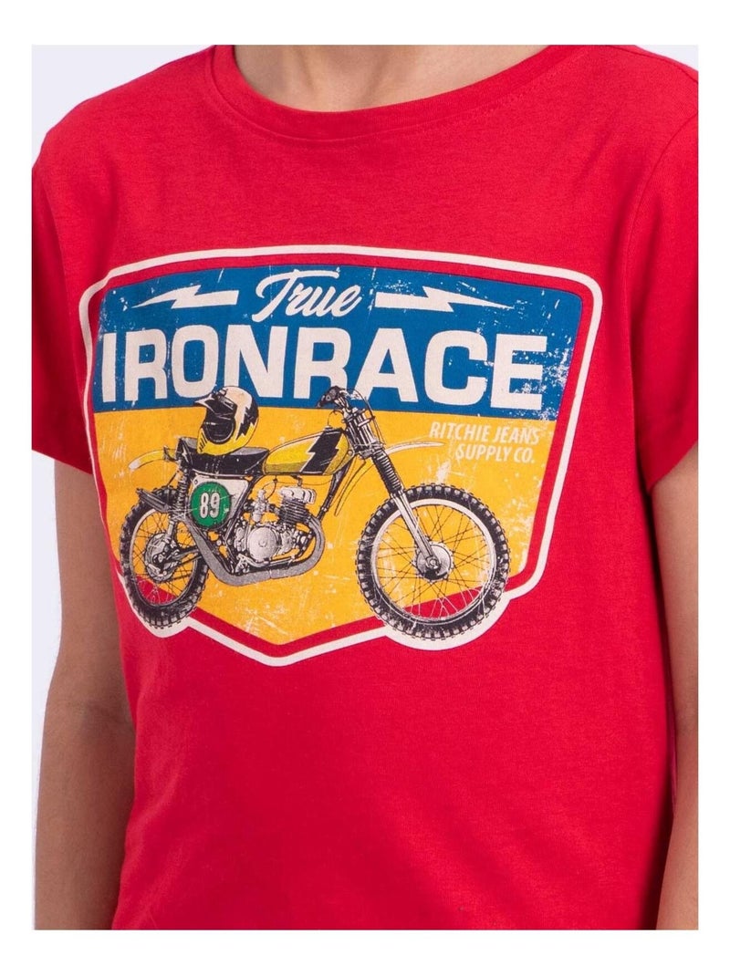 T-shirt manches courtes col rond pur coton NABOJAN garçon Rouge - Kiabi