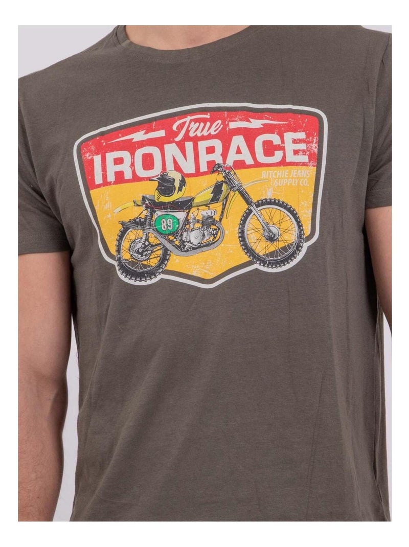 T-shirt manches courtes col rond pur coton NABOJAN Kaki - Kiabi
