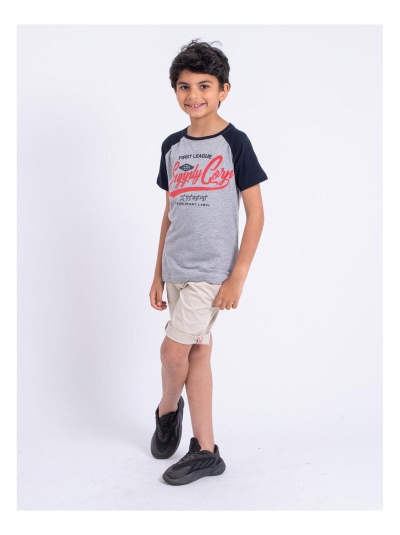 T-shirt manches courtes col rond pur coton NECHIN garçon Bleu marine - Kiabi