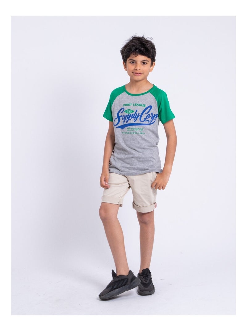 T-shirt manches courtes col rond pur coton NECHIN garçon Vert - Kiabi