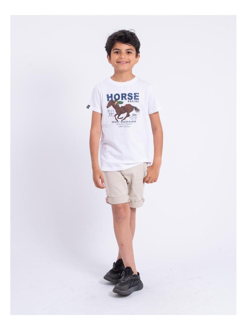 T-shirt manches courtes col rond pur coton NEDER garçon Blanc - Kiabi