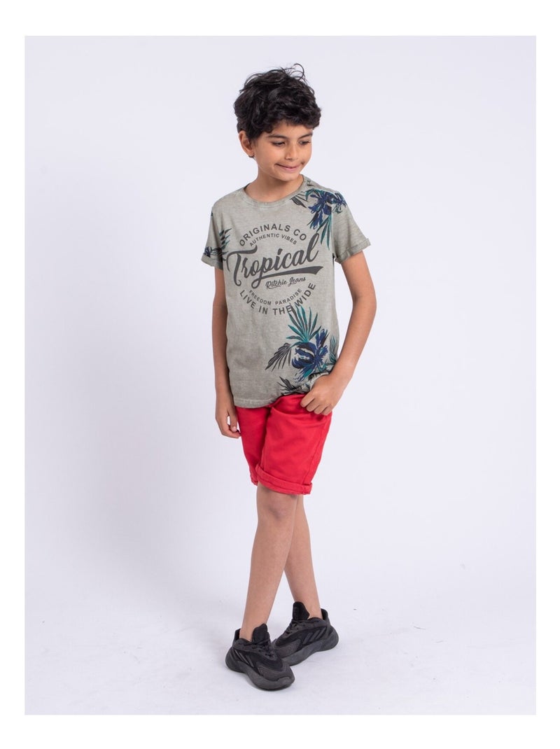 T-shirt manches courtes col rond pur coton NERWIK garçon Beige - Kiabi