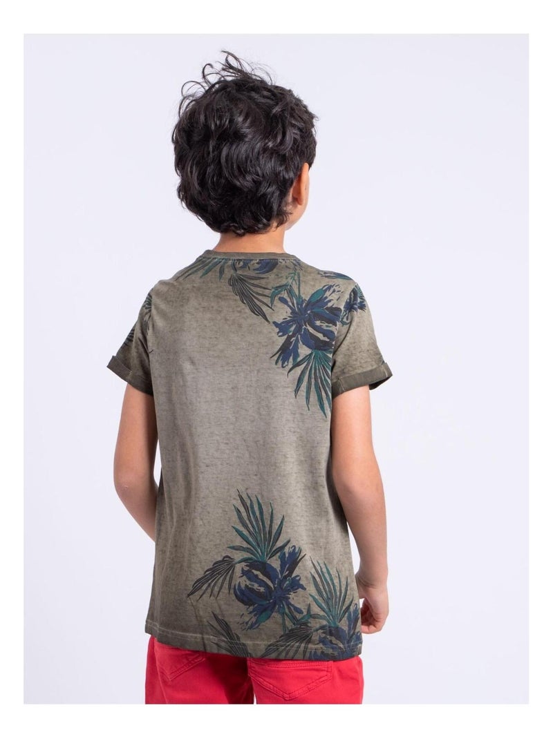 T-shirt manches courtes col rond pur coton NERWIK garçon Kaki - Kiabi