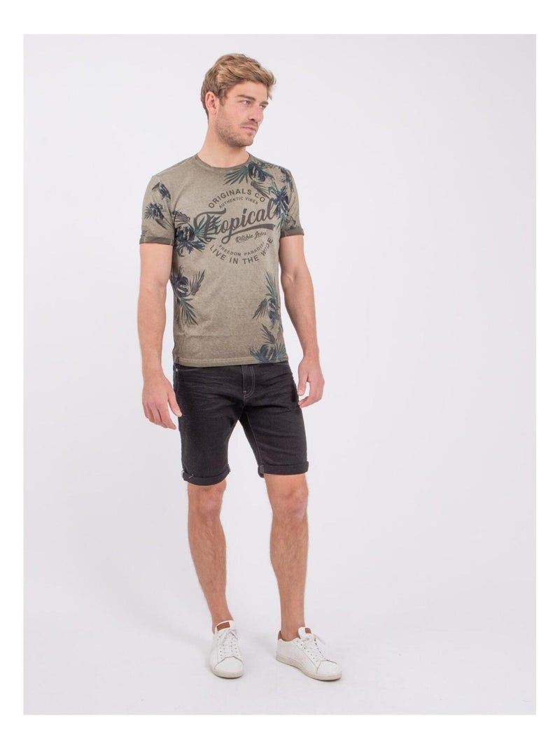 T-shirt manches courtes col rond pur coton NERWIK Kaki - Kiabi