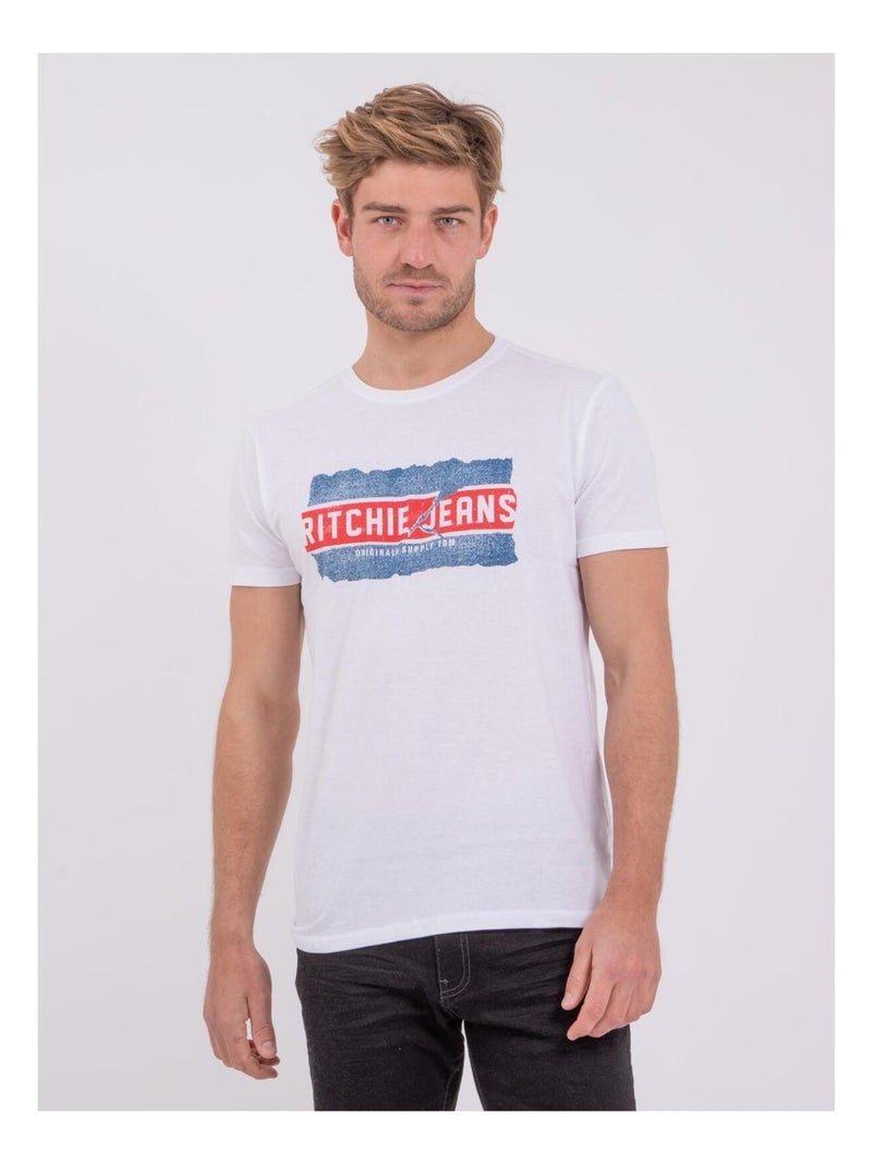 T-shirt manches courtes col rond pur coton NIPETER Blanc - Kiabi