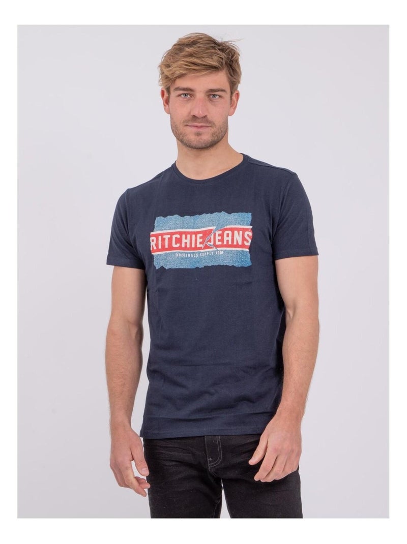 T-shirt manches courtes col rond pur coton NIPETER Bleu marine - Kiabi
