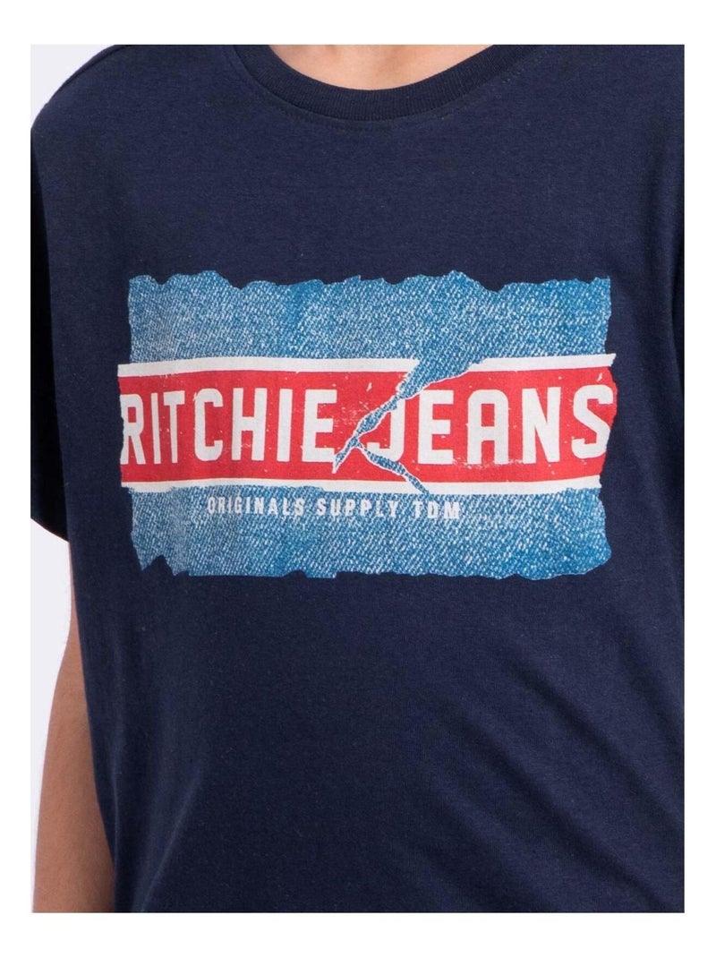 T-shirt manches courtes col rond pur coton NIPETER garçon Bleu marine - Kiabi