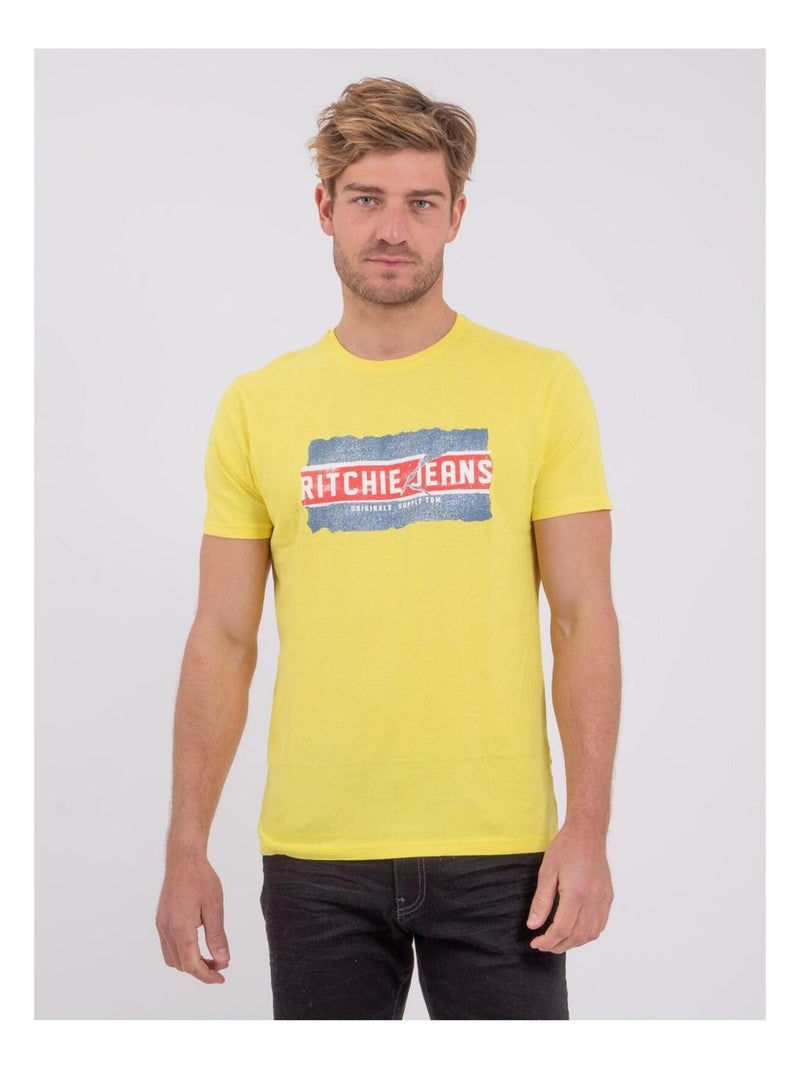 T-shirt manches courtes col rond pur coton NIPETER Jaune - Kiabi