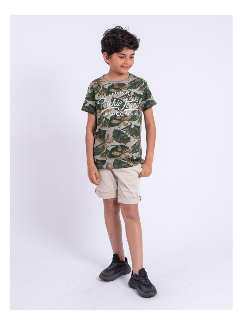 T-shirt manches courtes col rond pur coton NIRAMAX garçon Beige - Kiabi