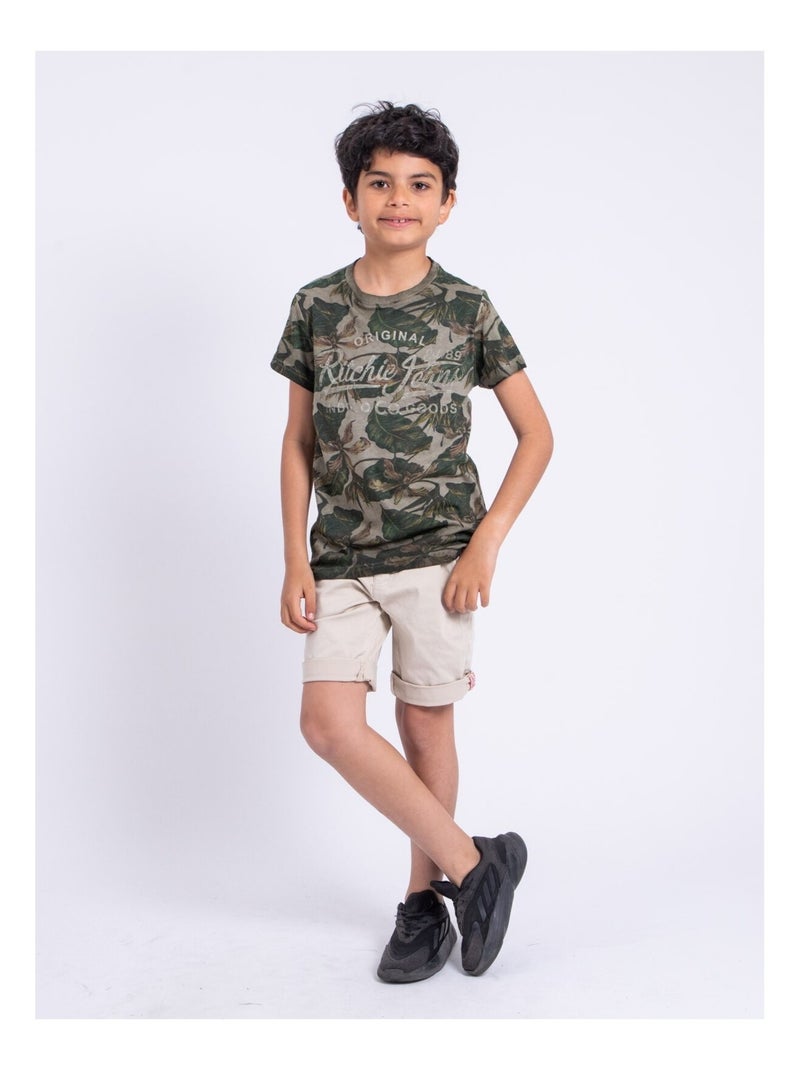 T-shirt manches courtes col rond pur coton NIRAMAX garçon Kaki - Kiabi