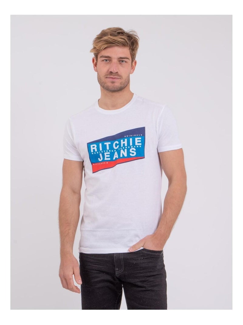 T-shirt manches courtes col rond pur coton NOBLAKE Blanc - Kiabi