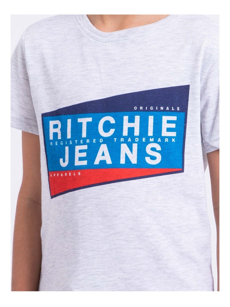 T-shirt manches courtes col rond pur coton NOBLAKE garçon Gris clair - Kiabi
