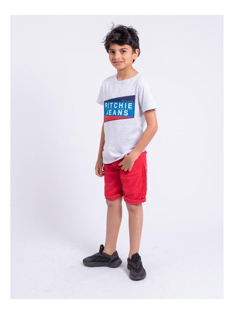 T-shirt manches courtes col rond pur coton NOBLAKE garçon Gris clair - Kiabi