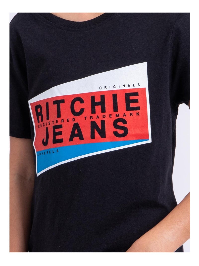T-shirt manches courtes col rond pur coton NOBLAKE garçon Noir - Kiabi