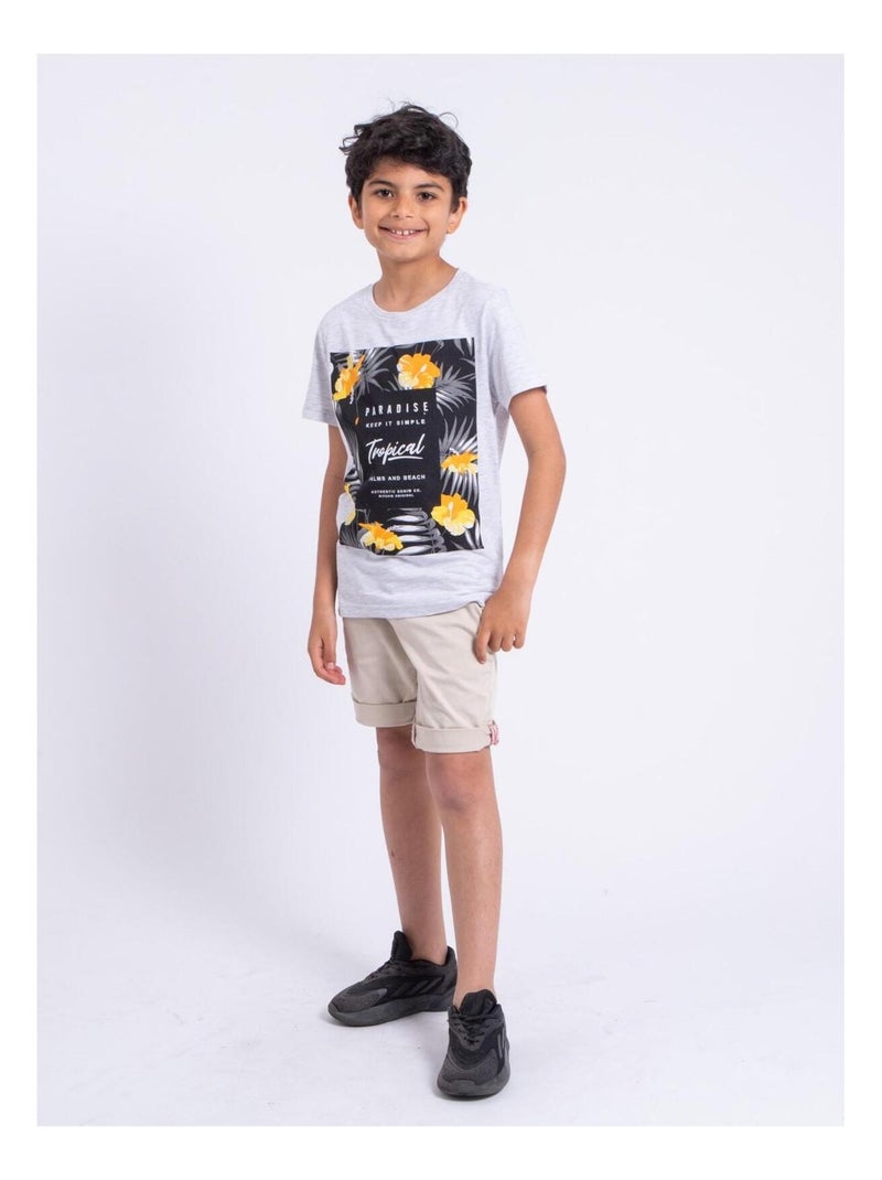 T-shirt manches courtes col rond pur coton NOCTAVIO garçon Gris - Kiabi