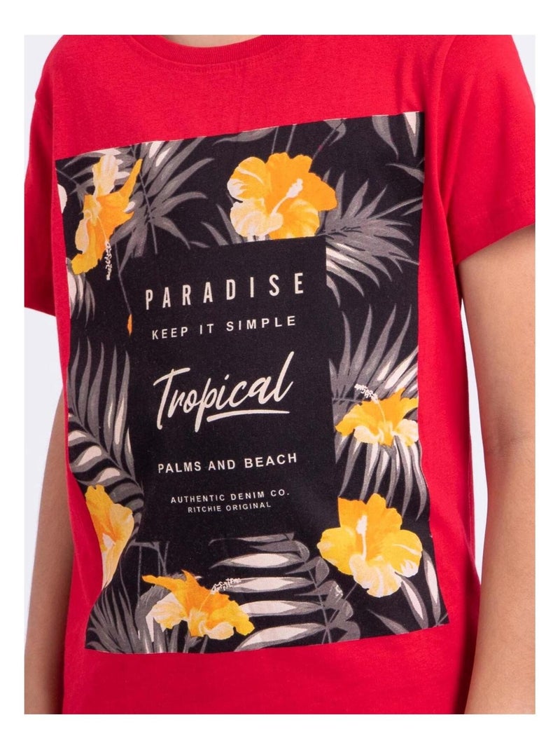 T-shirt manches courtes col rond pur coton NOCTAVIO garçon Rouge - Kiabi