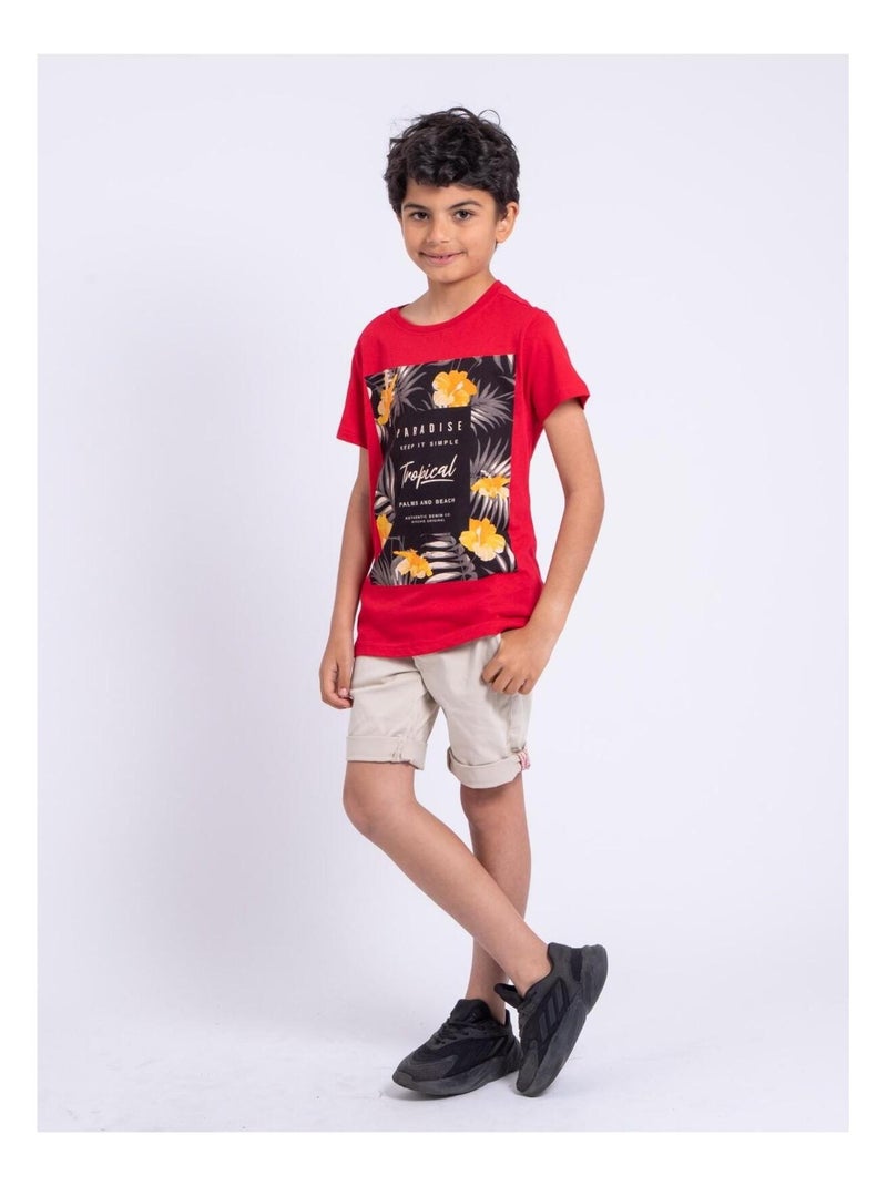 T-shirt manches courtes col rond pur coton NOCTAVIO garçon Rouge - Kiabi