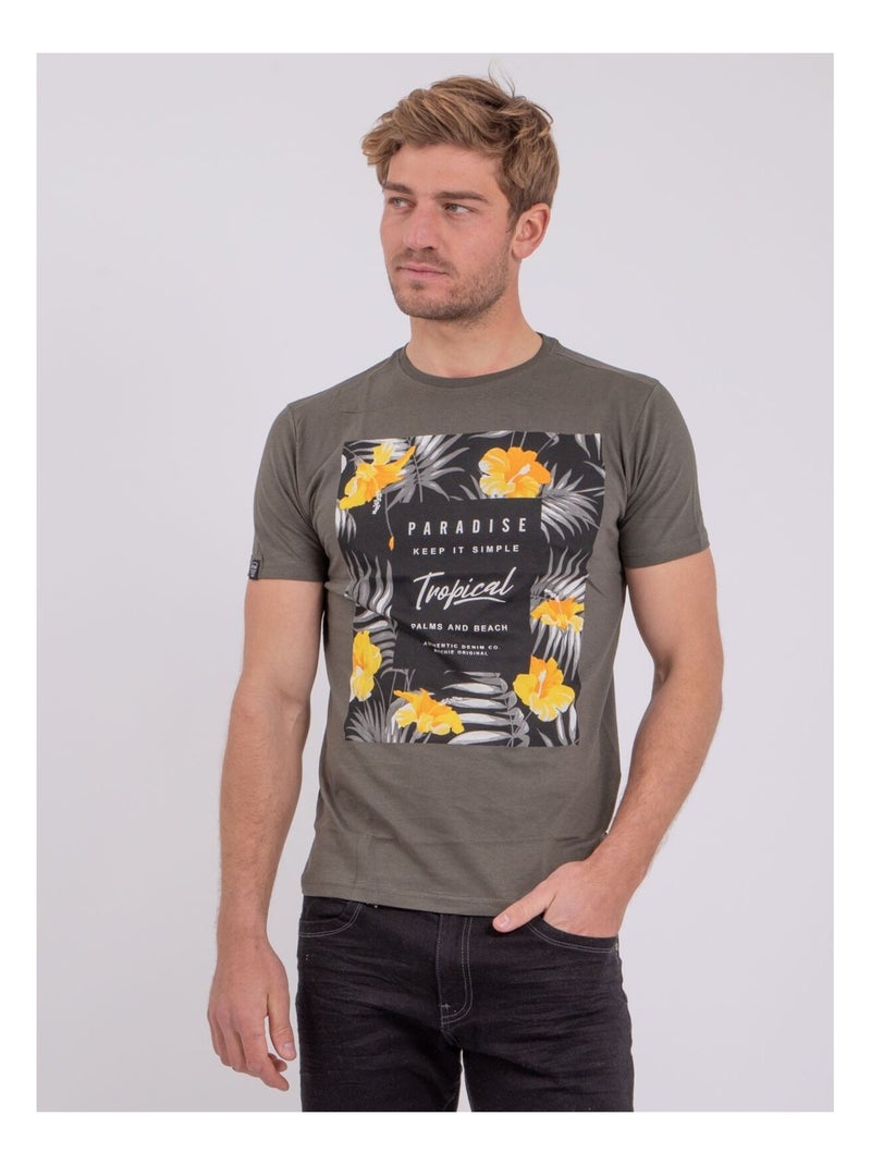 T-shirt manches courtes col rond pur coton NOCTAVIO Kaki - Kiabi
