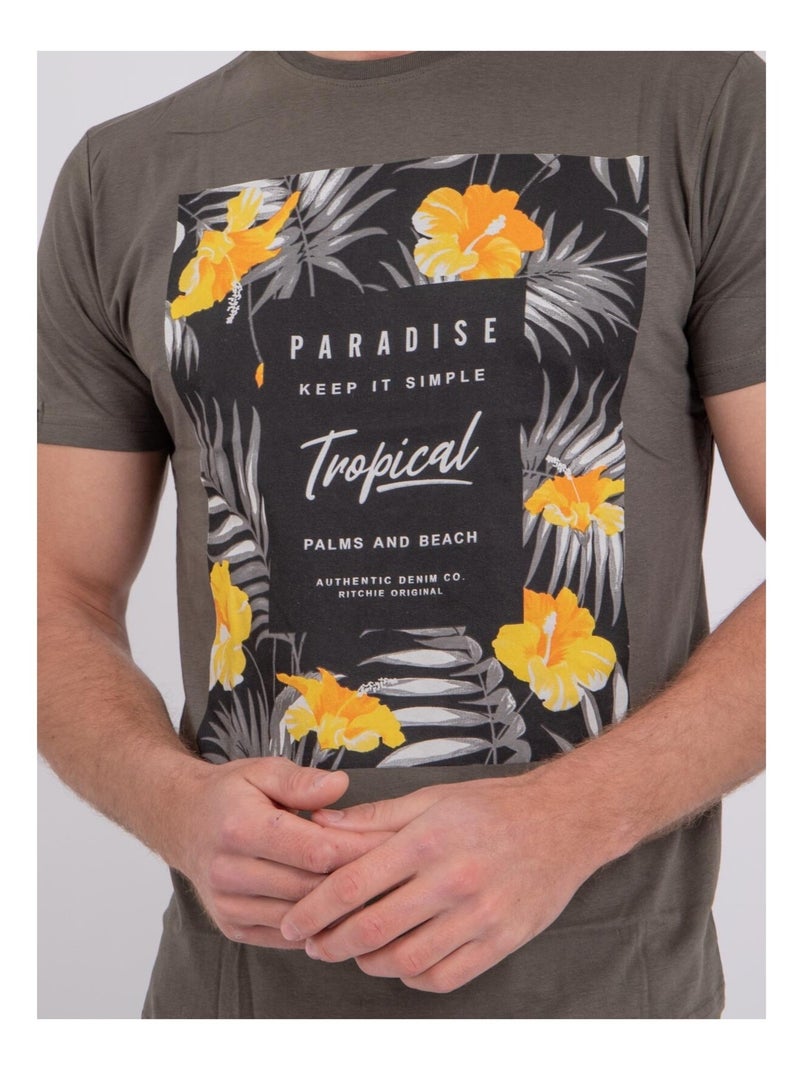 T-shirt manches courtes col rond pur coton NOCTAVIO Kaki - Kiabi