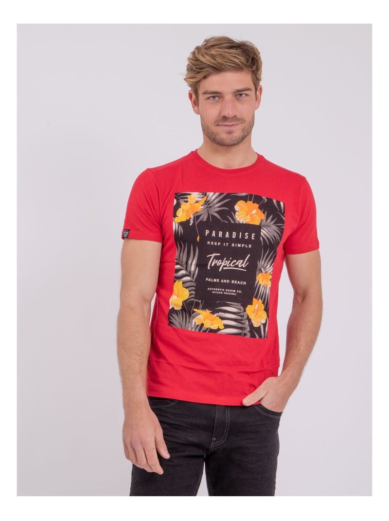 T-shirt manches courtes col rond pur coton NOCTAVIO Rouge - Kiabi