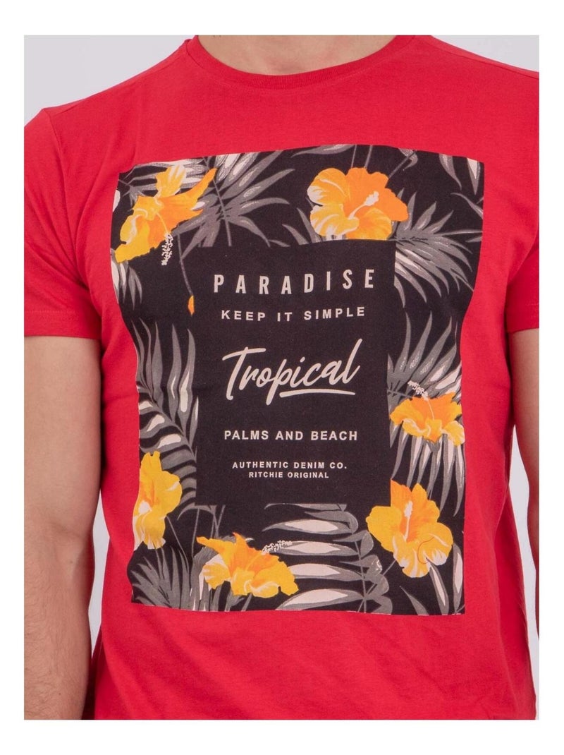T-shirt manches courtes col rond pur coton NOCTAVIO Rouge - Kiabi