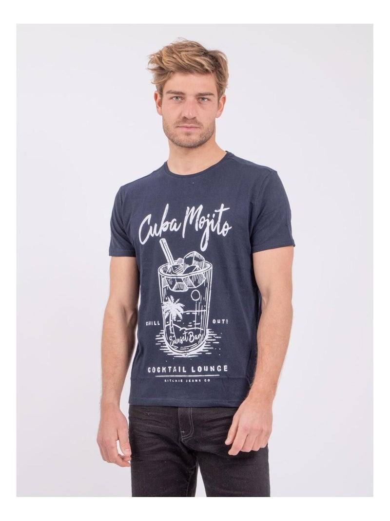 T-shirt manches courtes col rond pur coton NOGAN Bleu marine - Kiabi