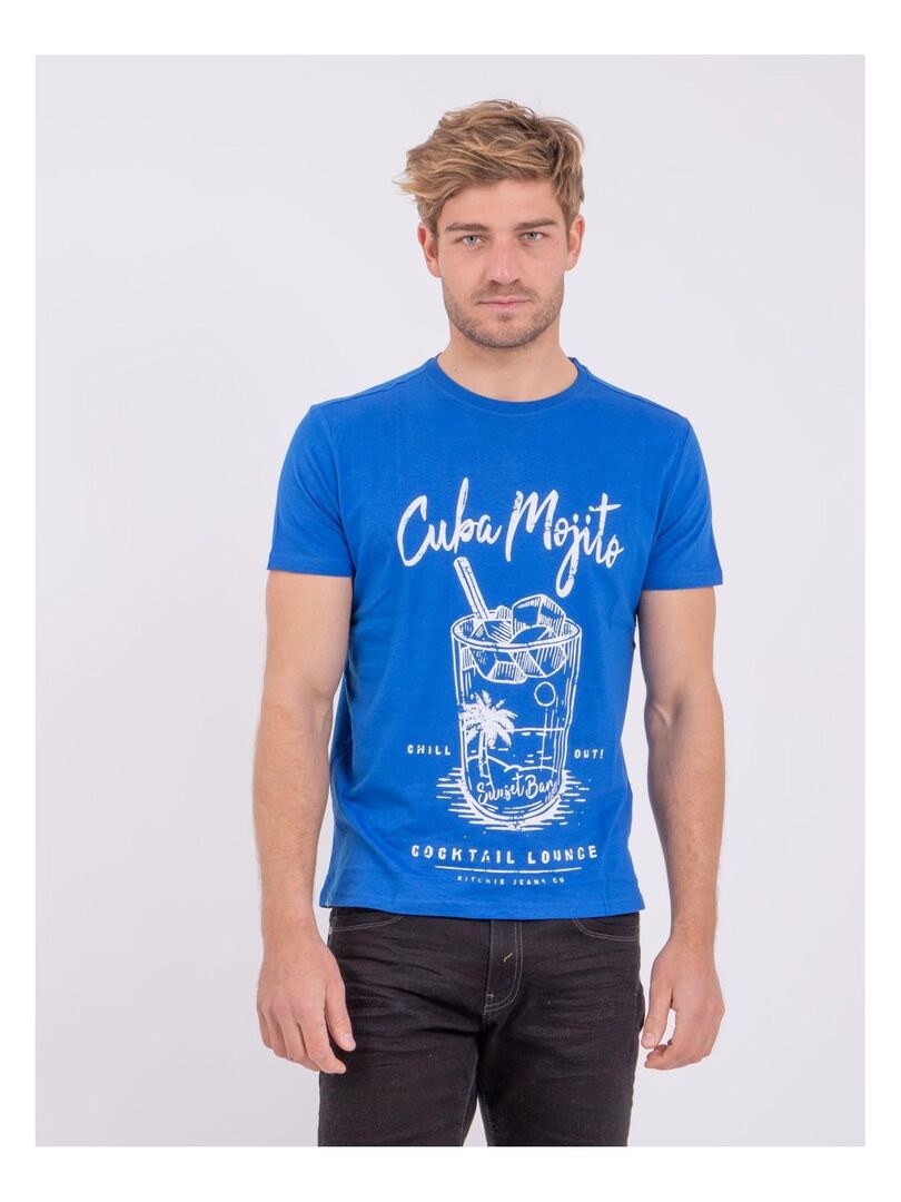 T-shirt manches courtes col rond pur coton NOGAN Bleu roi - Kiabi