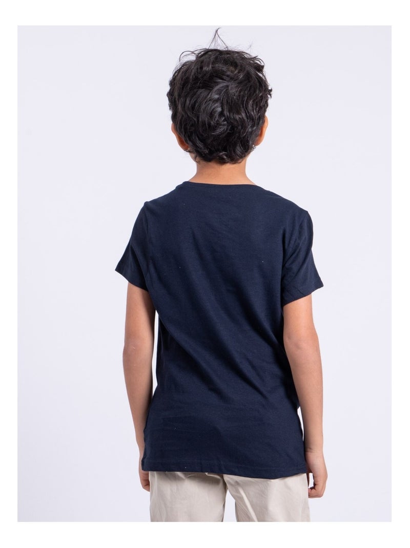 T-shirt manches courtes col rond pur coton NOGAN garçon Bleu marine - Kiabi