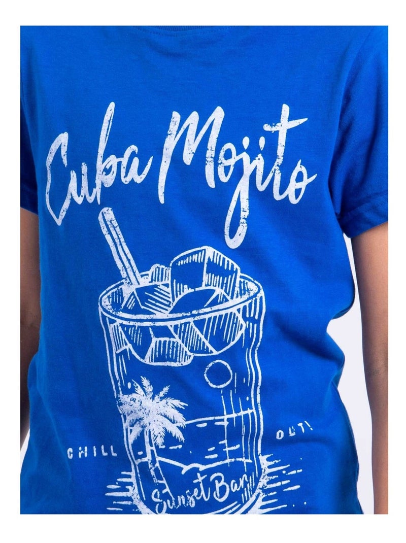 T-shirt manches courtes col rond pur coton NOGAN garçon Bleu roi - Kiabi