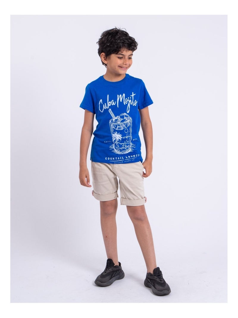 T-shirt manches courtes col rond pur coton NOGAN garçon Bleu roi - Kiabi