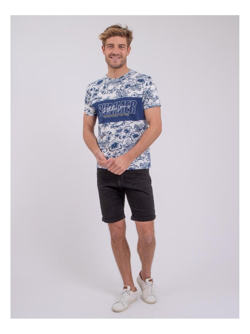 T-shirt manches courtes col rond pur coton NOLIBA Bleu - Kiabi