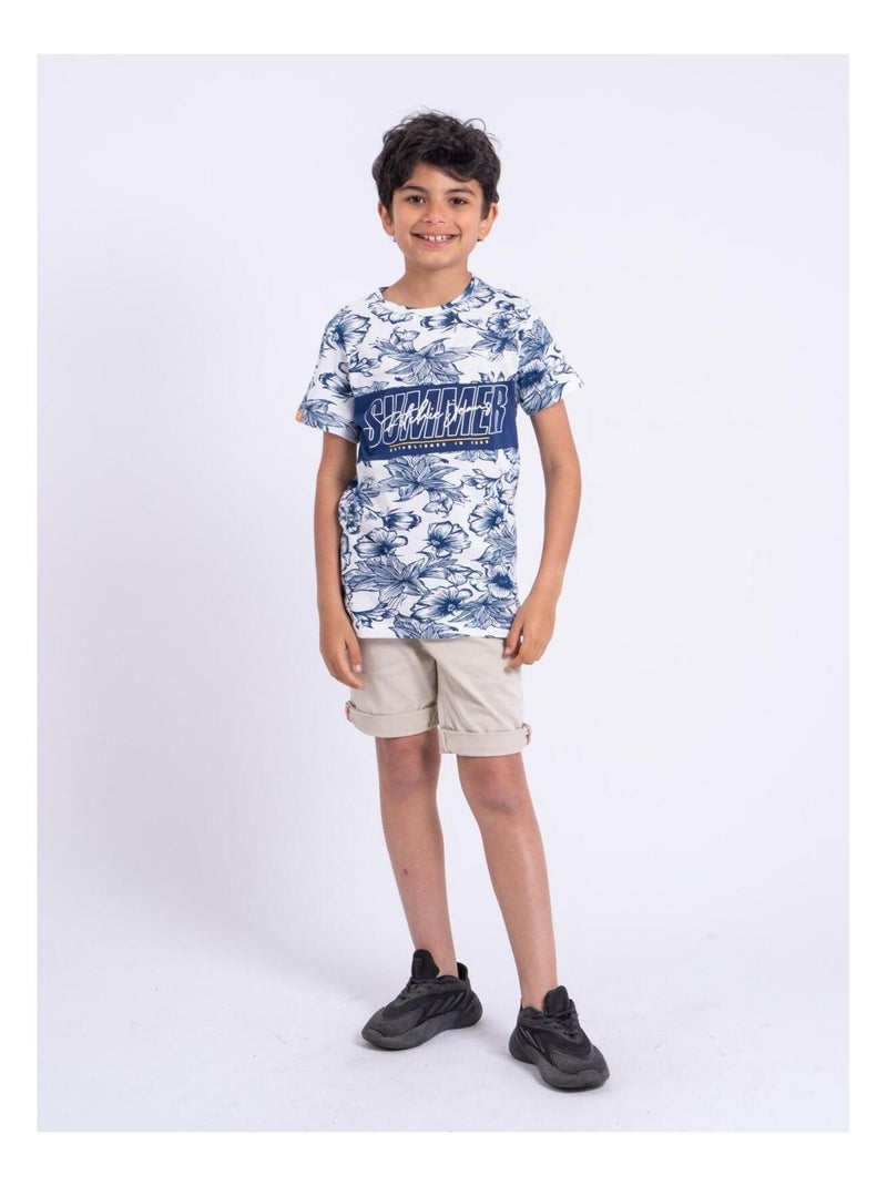 T-shirt manches courtes col rond pur coton NOLIBA garçon Bleu roi - Kiabi